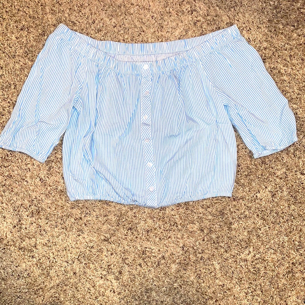 Off the shoulder top, light blue and white stripes
